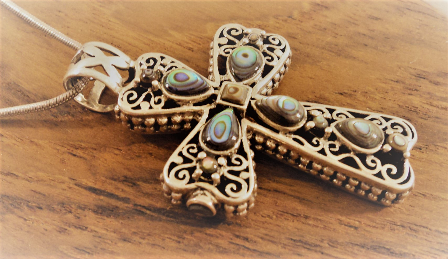 Italian Sterling Silver Cross With Abalone Shell Necklace
